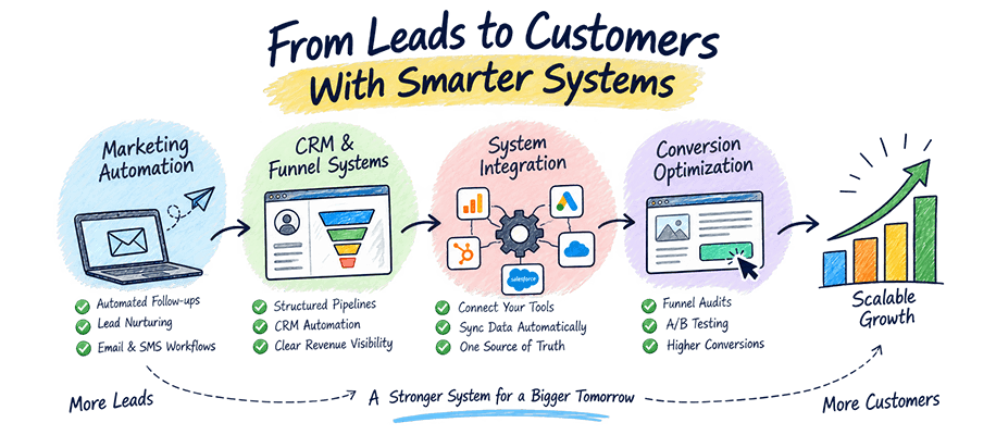 Diagram: marketing automation, CRM systems, integration and conversion optimization turning leads into customers