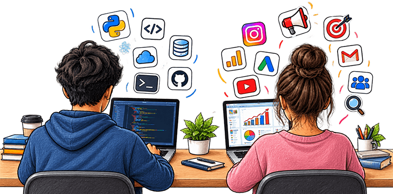 Two students at a shared desk - one coding, the other reviewing marketing analytics