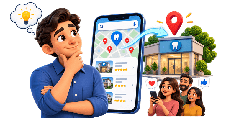Someone searching a map of nearby dental clinics on a phone, comparing star ratings before visiting the practice