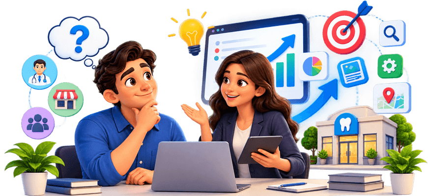 A marketing specialist walking a clinic owner through search rankings, campaign targets and local listings